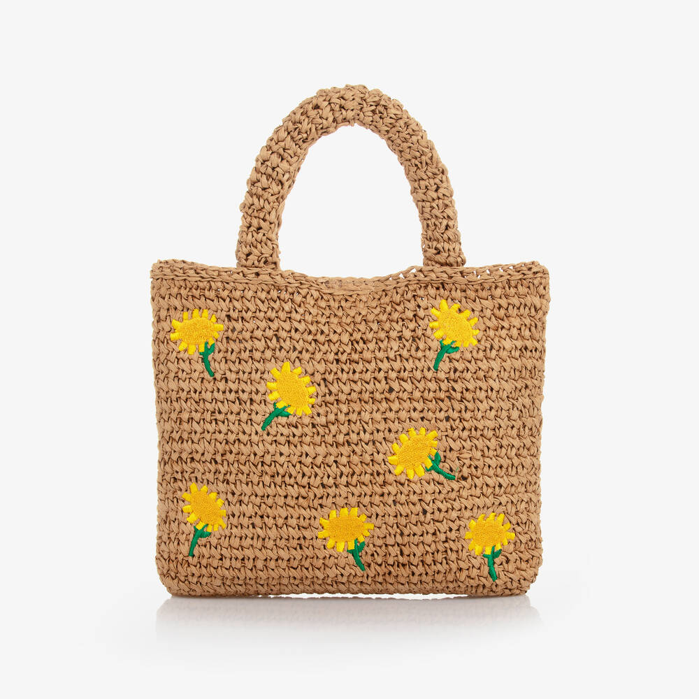 Stella McCartney Kids - Girls Beige Straw Sunflower Bag (26cm) | Childrensalon