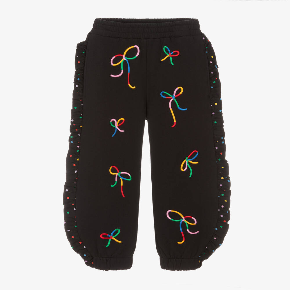 Stella McCartney Kids - Girls Black Cotton Embroidered Bow Joggers | Childrensalon