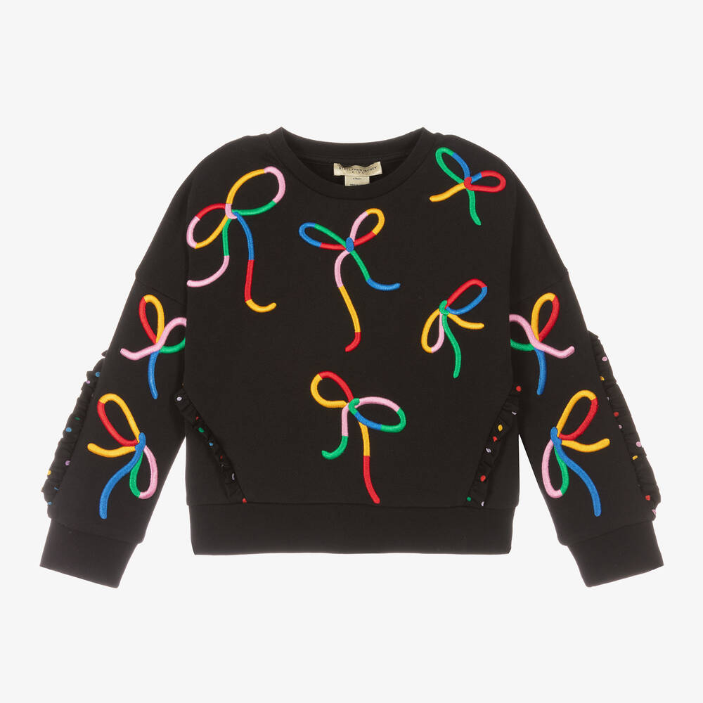 Stella McCartney Kids - Girls Black Cotton Embroidered Bow Sweatshirt | Childrensalon