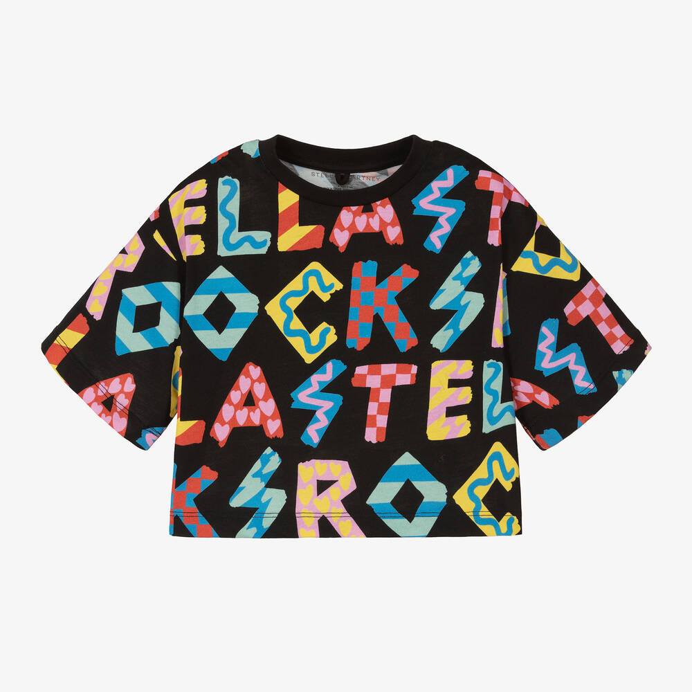 Stella McCartney Kids - Черная хлопковая футболка с надписями для девочек | Childrensalon