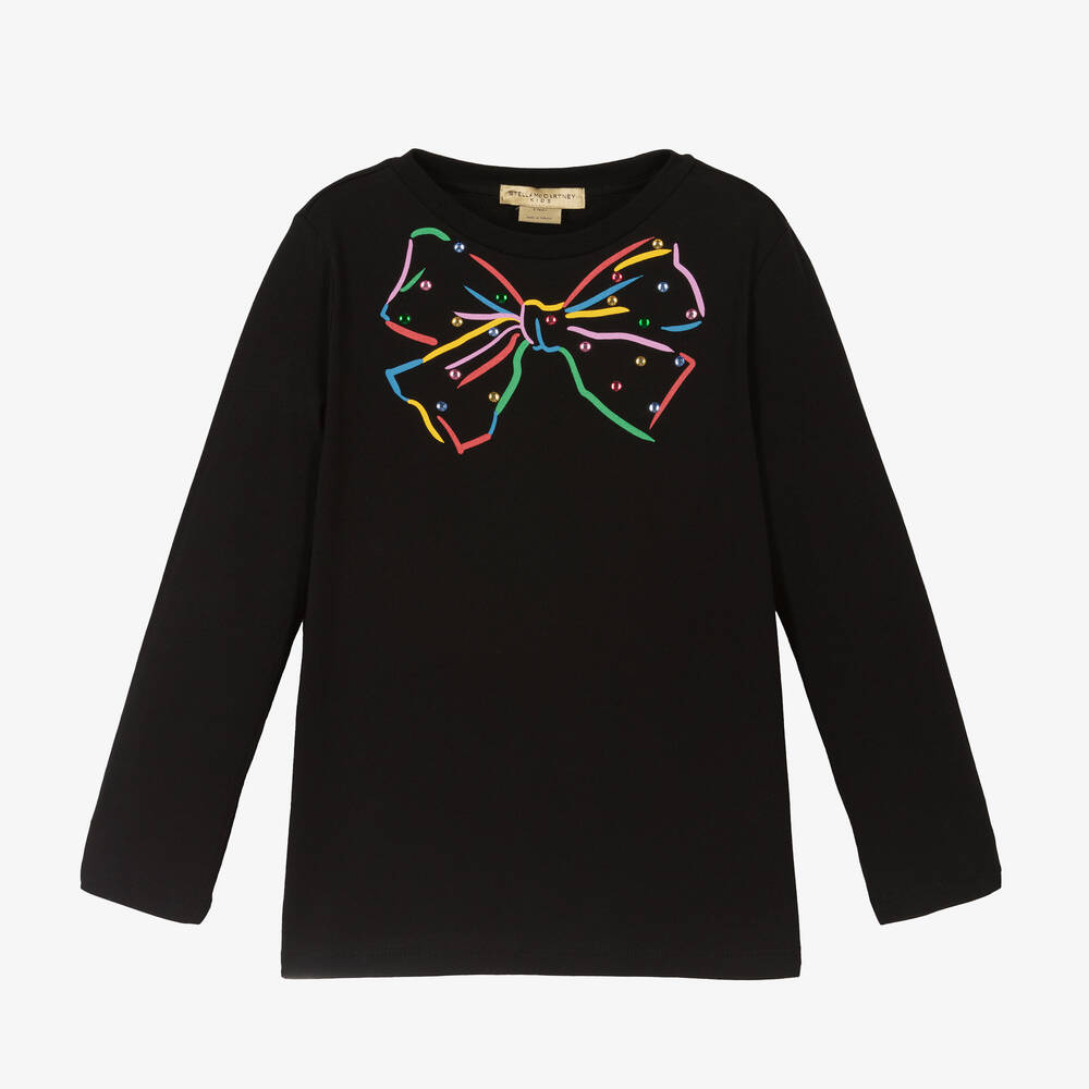 Stella McCartney Kids - Girls Black Organic Cotton Bow Print Top | Childrensalon