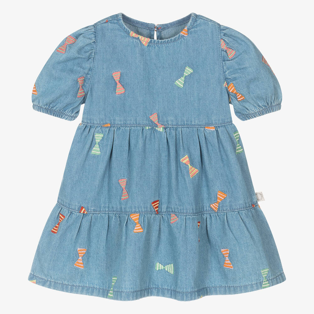 Stella McCartney Kids - Голубое платье из хлопкового шамбре с бантиками для девочек | Childrensalon