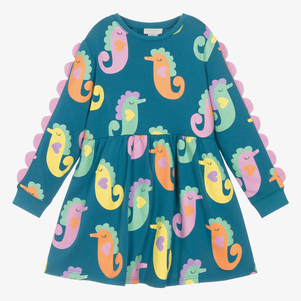 Stella McCartney Kids - Голубое платье из органического хлопка с морскими коньками | Childrensalon