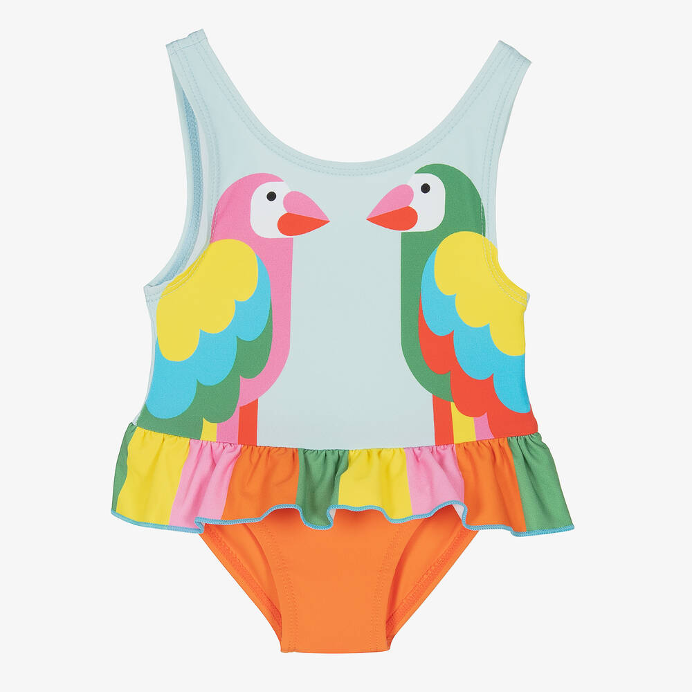 Stella McCartney Kids - Girls Blue Parrot Swimsuit (UPF50+) | Childrensalon