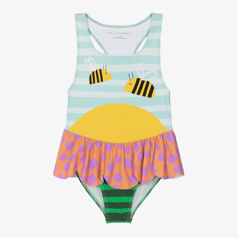 Stella McCartney Kids - Girls Blue & Pink Bee Swimsuit (UPF50+) | Childrensalon