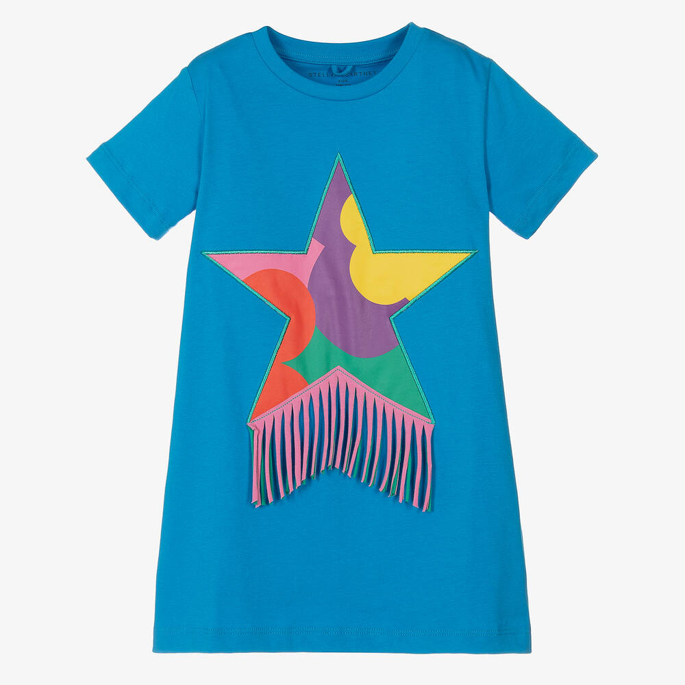 Stella McCartney Kids - Голубое платье-футболка со звездой с бахромой | Childrensalon