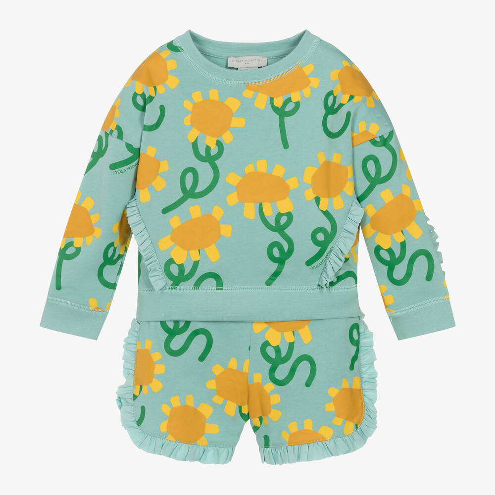 Stella McCartney Kids - Girls Blue Sunflower Print Cotton Shorts Set | Childrensalon