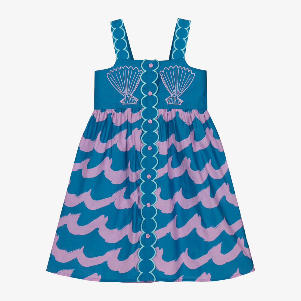 Stella McCartney Kids - Girls Blue Wave Print Cotton Dress | Childrensalon