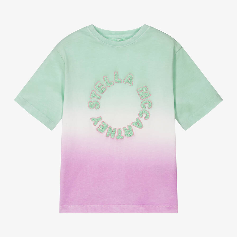 Stella McCartney Kids - Зеленая хлопковая футболка с эффектом омбре для девочек | Childrensalon