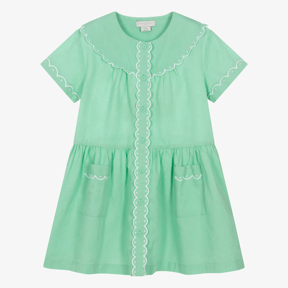 Stella McCartney Kids - Girls Green Linen & Cotton Dress | Childrensalon