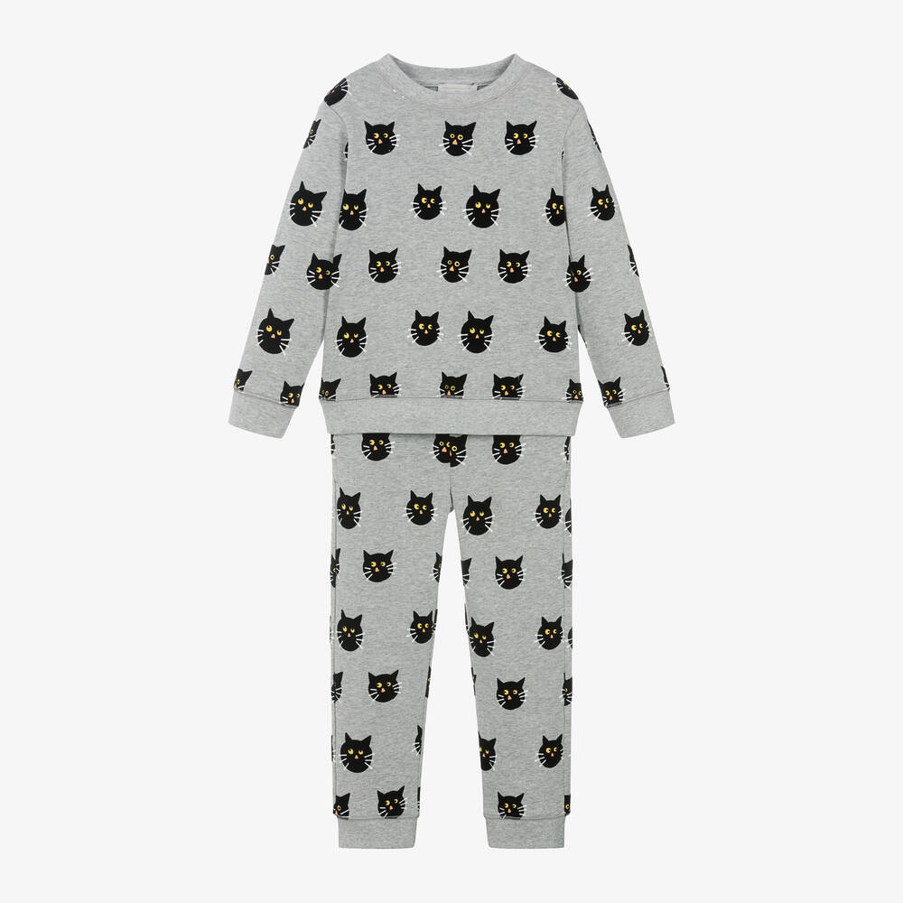 Stella McCartney Kids - Girls Grey Cotton Cat Print Tracksuit | Childrensalon