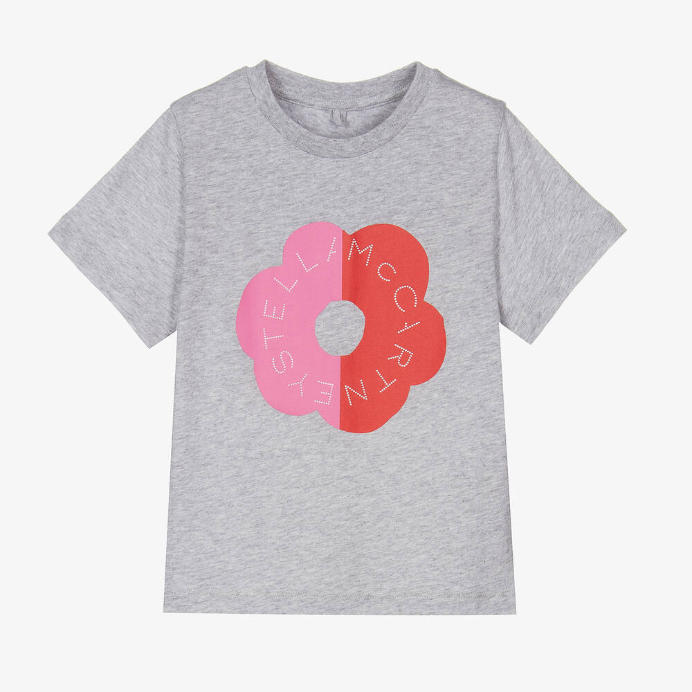 Stella Mccartney Kids' Gray T-shirt For Girl With Flower And Logo In Grey