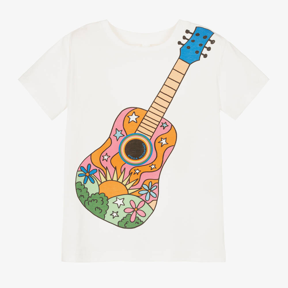 Stella McCartney Kids - Girls Ivory Cotton Guitar Print T-Shirt | Childrensalon