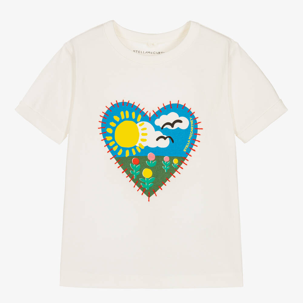 Stella McCartney Kids - Girls Ivory Cotton Heart Logo T-Shirt | Childrensalon