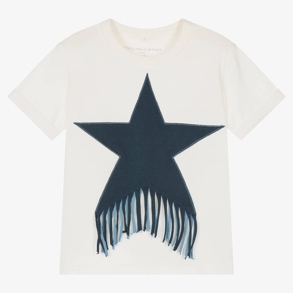 Stella McCartney Kids - Кремовая футболка со звездой с бахромой | Childrensalon