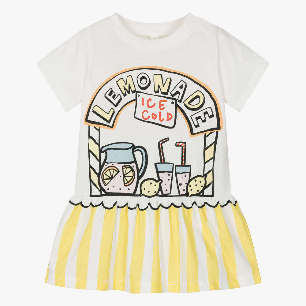 Stella McCartney Kids - فستان أطفال بناتي قطن عضوي مقلم لون أصفر وعاجي | Childrensalon