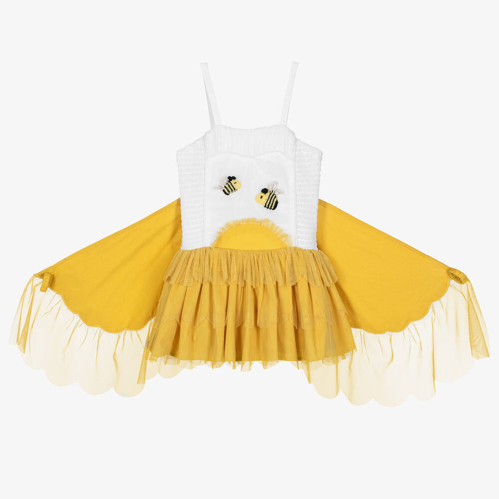Stella McCartney Kids - Girls Ivory & Yellow Shirred Bee Dress | Childrensalon