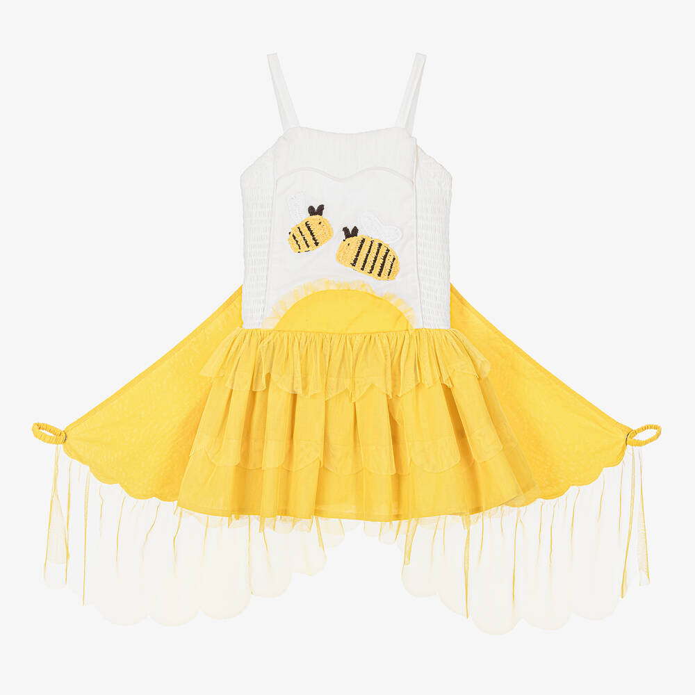 Shop Stella Mccartney Kids Girls Ivory & Yellow Shirred Bee Dress