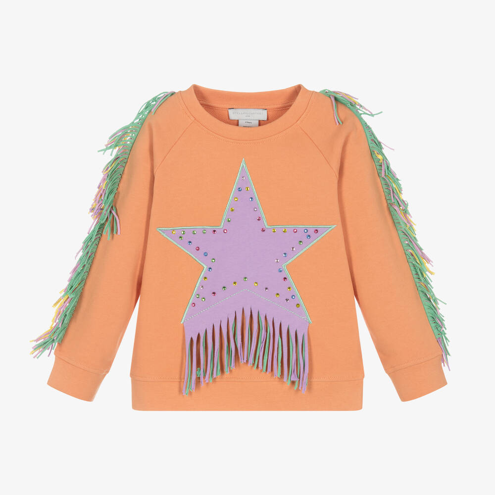 Stella McCartney Kids - Girls Orange Cotton Fringed Sweatshirt | Childrensalon