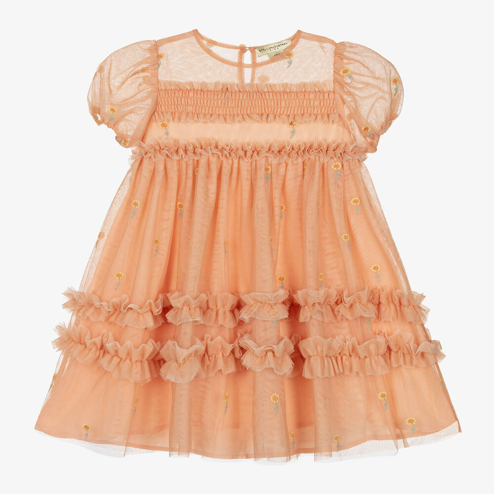 Shop Stella Mccartney Kids Girls Orange Embroidered Tulle Dress