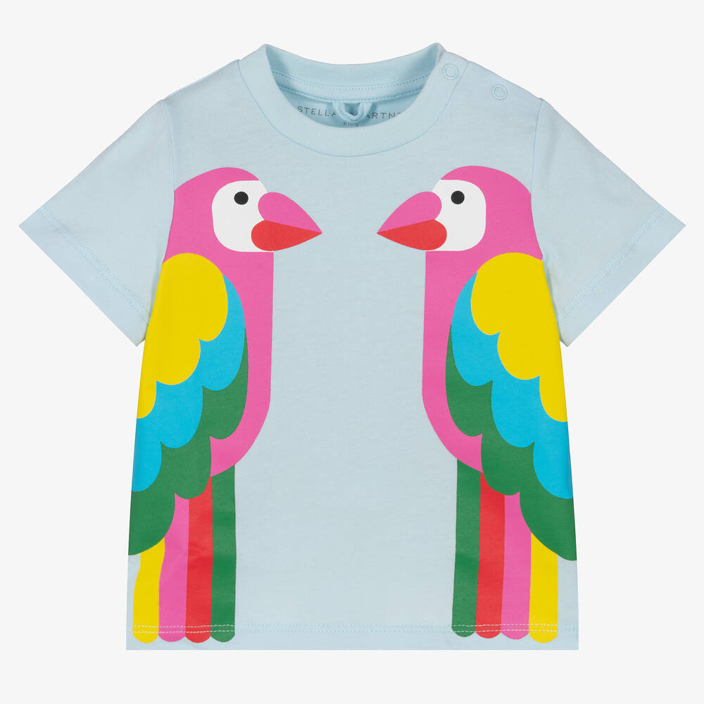 Stella McCartney Kids - Girls Pale Blue Cotton Parrot T-Shirt | Childrensalon