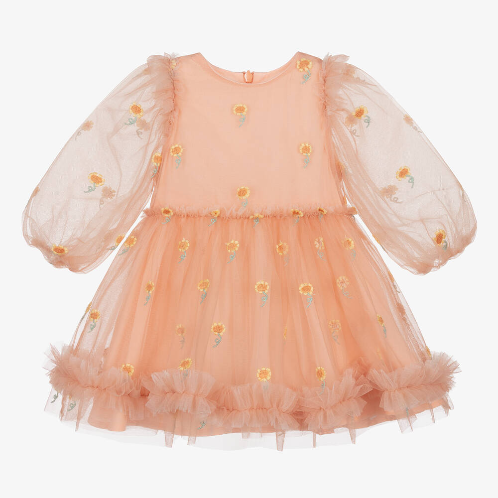 Stella McCartney Kids - Girls Pale Orange Floral Tulle Dress | Childrensalon