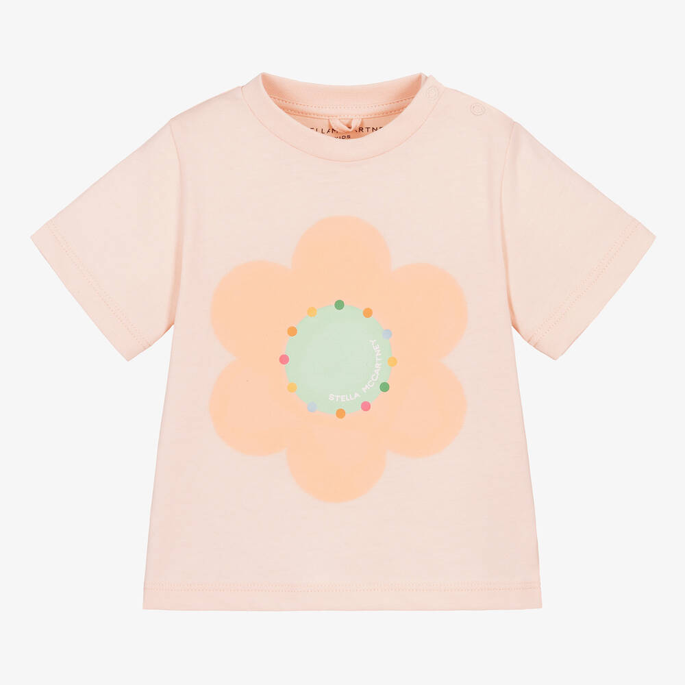 Stella McCartney Kids - Розовая хлопковая футболка с цветком для девочек | Childrensalon