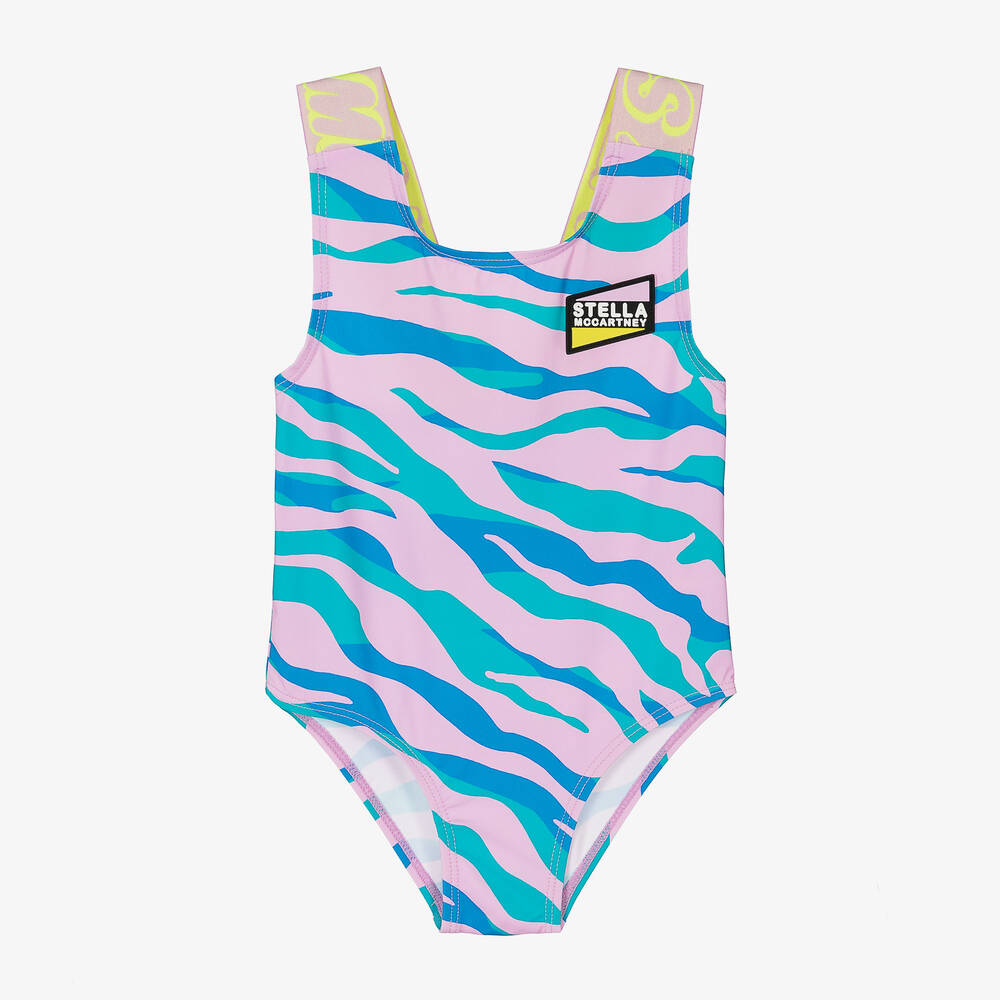 Stella McCartney Kids - Girls Pink & Blue Zebra Swimsuit (UPF50+) | Childrensalon