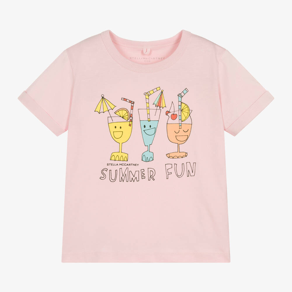 Stella McCartney Kids - Girls Pink Cotton Cocktail Print T-Shirt | Childrensalon
