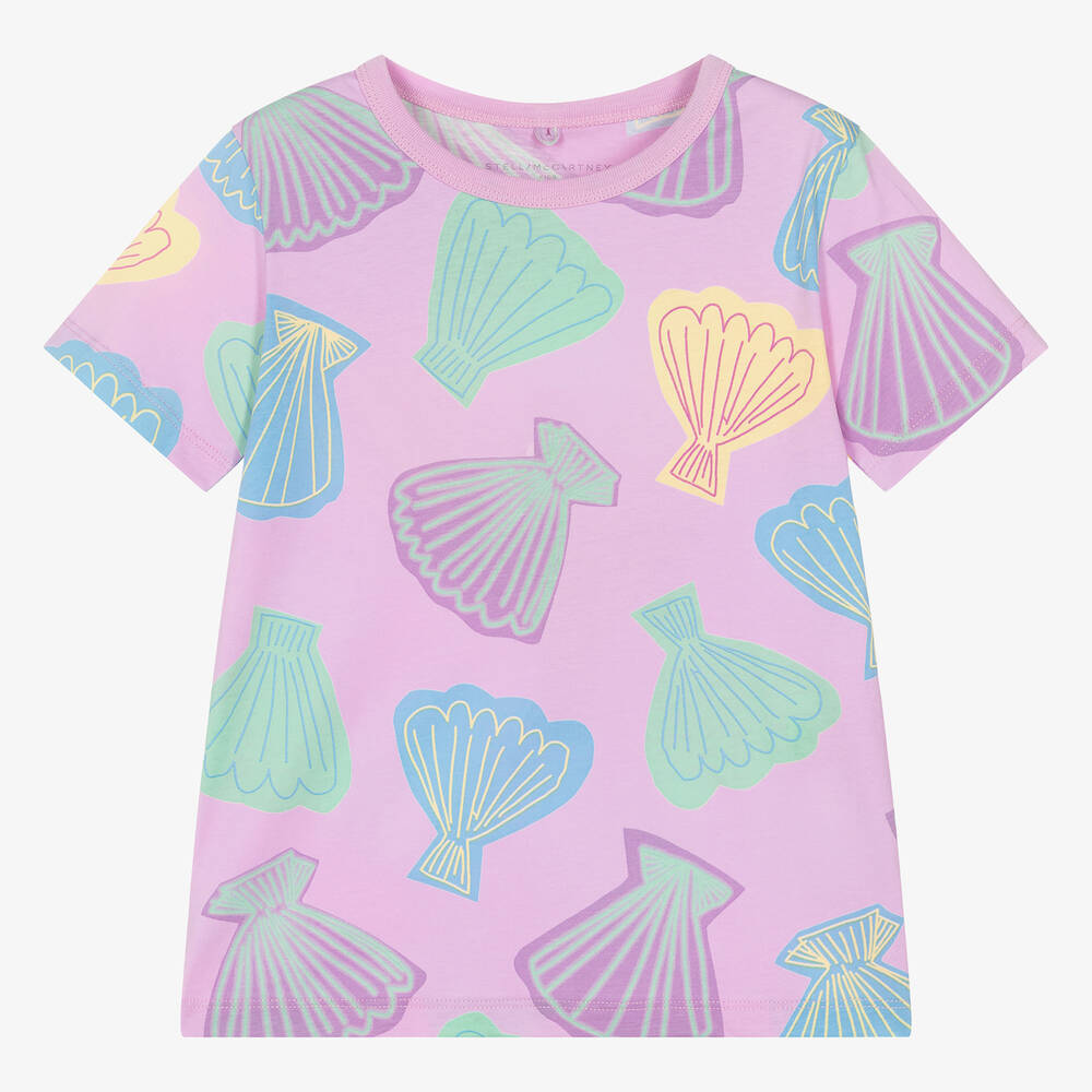 Stella McCartney Kids - Розовая хлопковая футболка с ракушками для девочек | Childrensalon