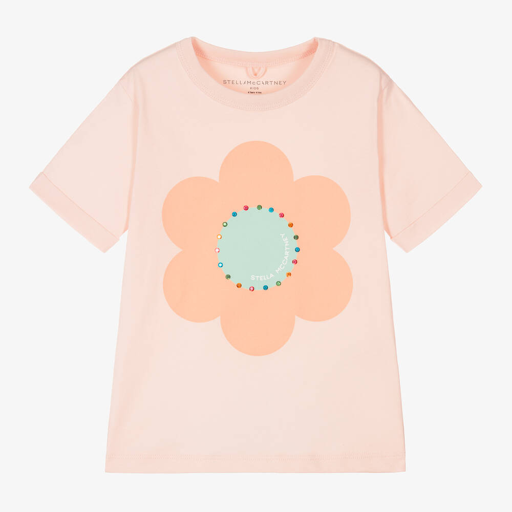 Stella McCartney Kids - Розовая хлопковая футболка с цветком для девочек | Childrensalon
