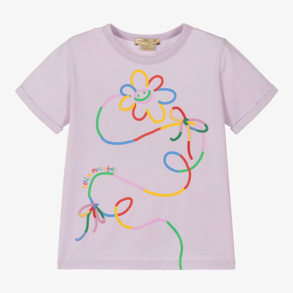 Stella McCartney Kids - Girls Purple Flower Print Organic Cotton T-Shirt | Childrensalon