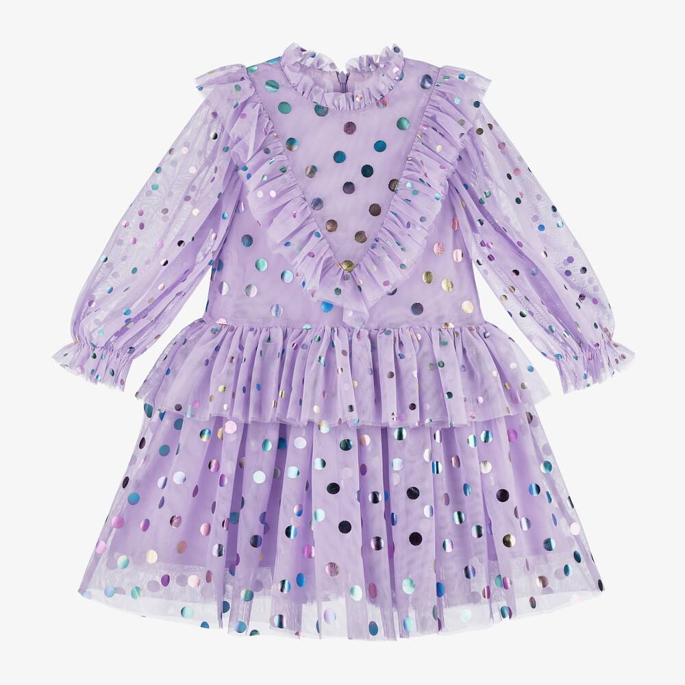 Stella McCartney Kids - Фиолетовое платье из фатина в горошек для девочек | Childrensalon