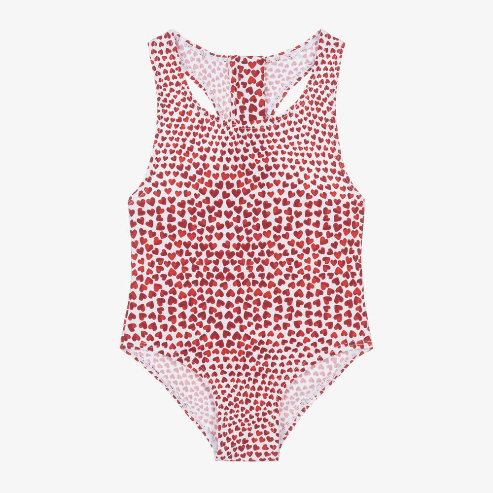 Stella McCartney Kids - Girls Red Heart Print Swimsuit (UPF50+) | Childrensalon