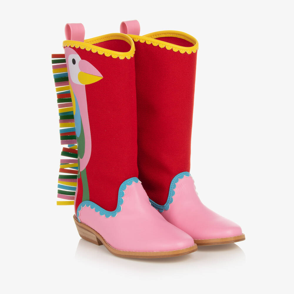 Stella McCartney Kids - Girls Red & Pink Faux Leather Cowboy Boots | Childrensalon