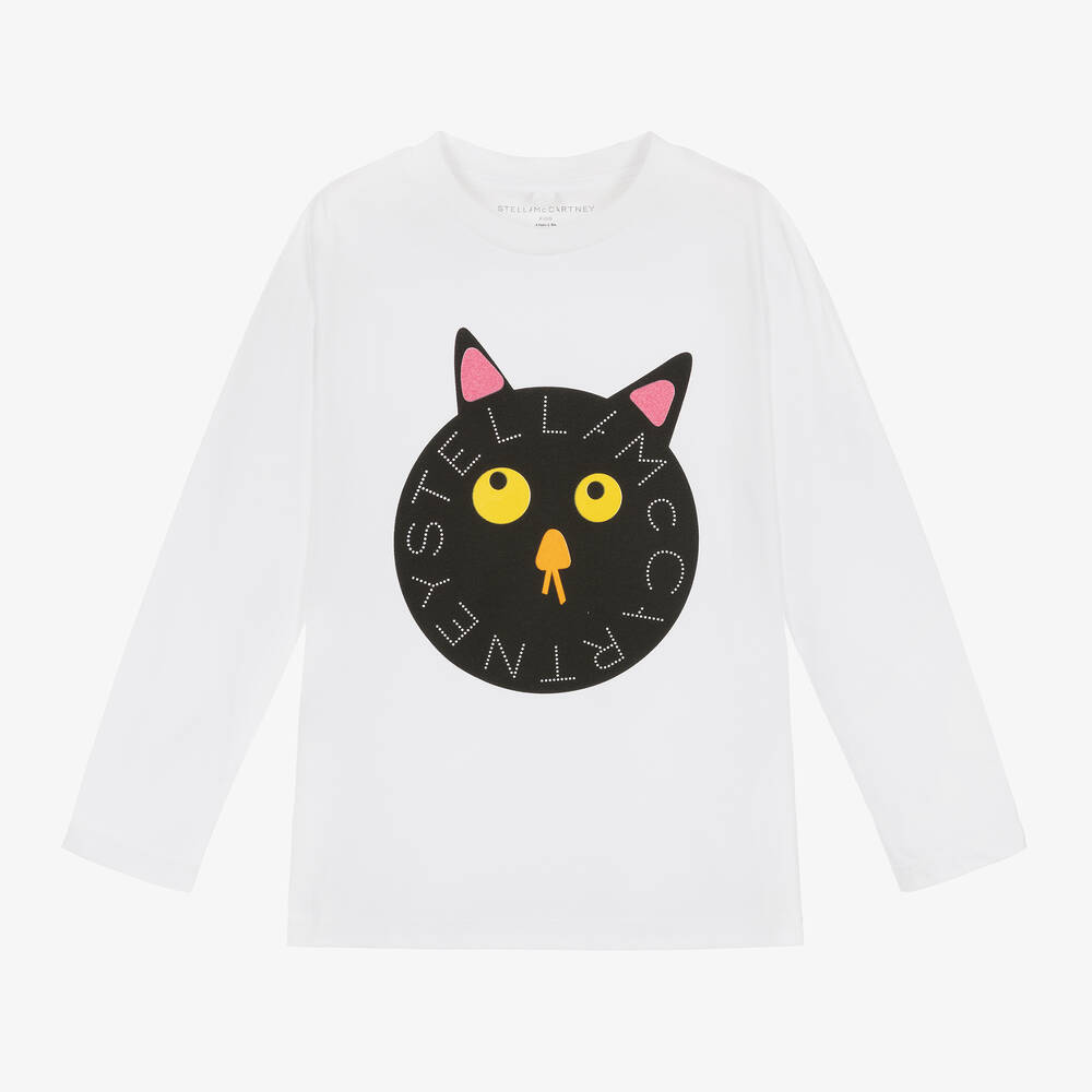 Stella McCartney Kids - توب بطبعة قطة قطن لون أبيض للبنات | Childrensalon