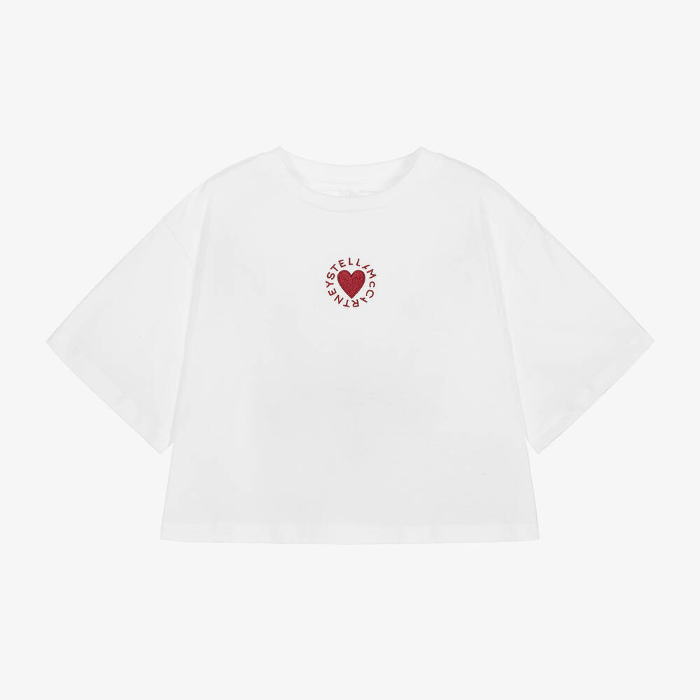 Stella McCartney Kids - Girls White Cotton Heart T-Shirt | Childrensalon