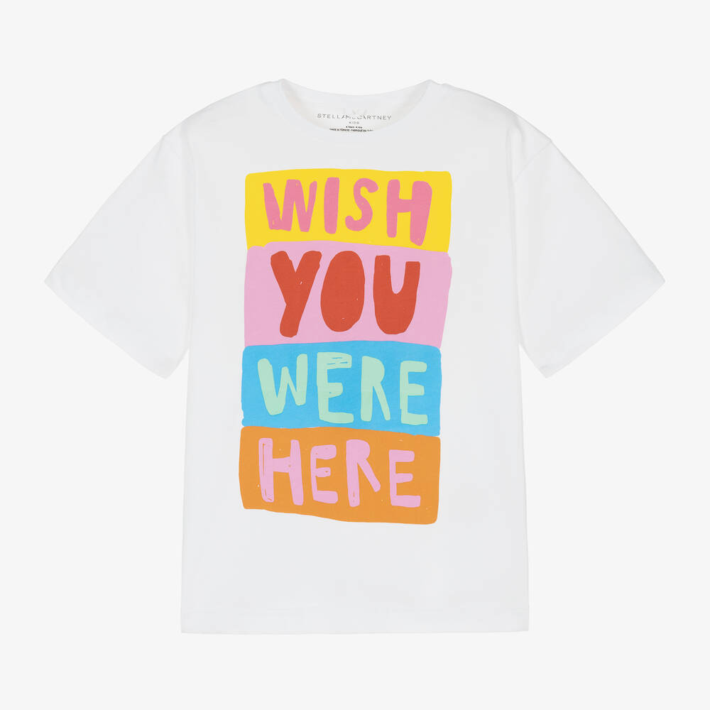 Stella McCartney Kids - Girls White Cotton 'Wish You Were Here' T-Shirt | Childrensalon