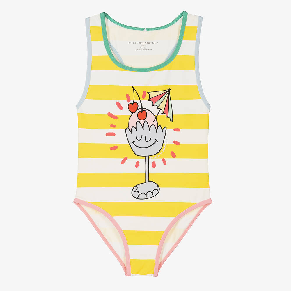 Shop Stella Mccartney Kids Girls Yellow Striped Swimsuit (upf50+)