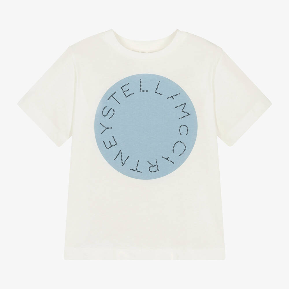 Stella McCartney Kids - T-shirt blanc et bleu en coton à motif | Childrensalon
