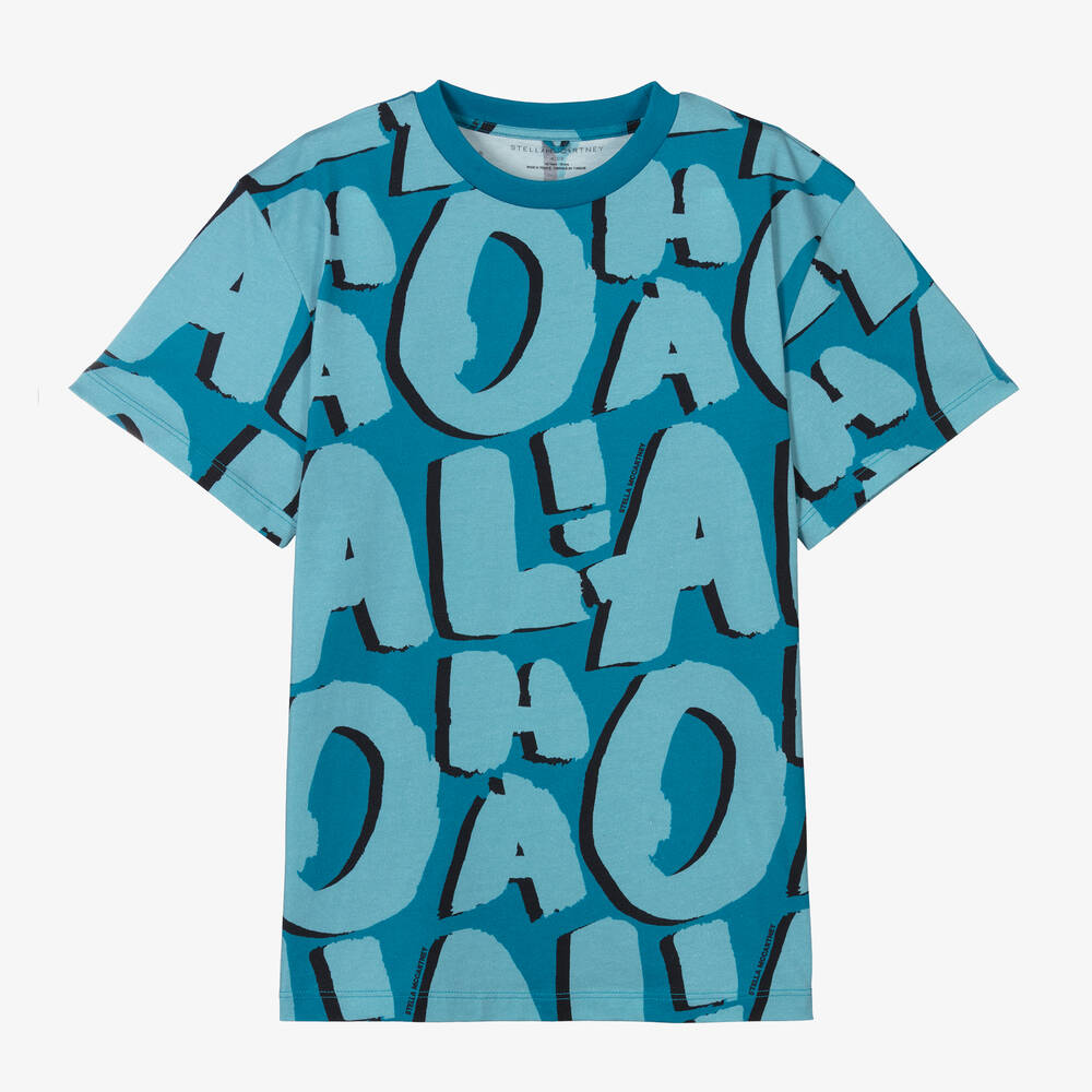 Stella McCartney Kids - Голубая хлопковая футболка с принтом Aloha для мальчиков-подростков | Childrensalon