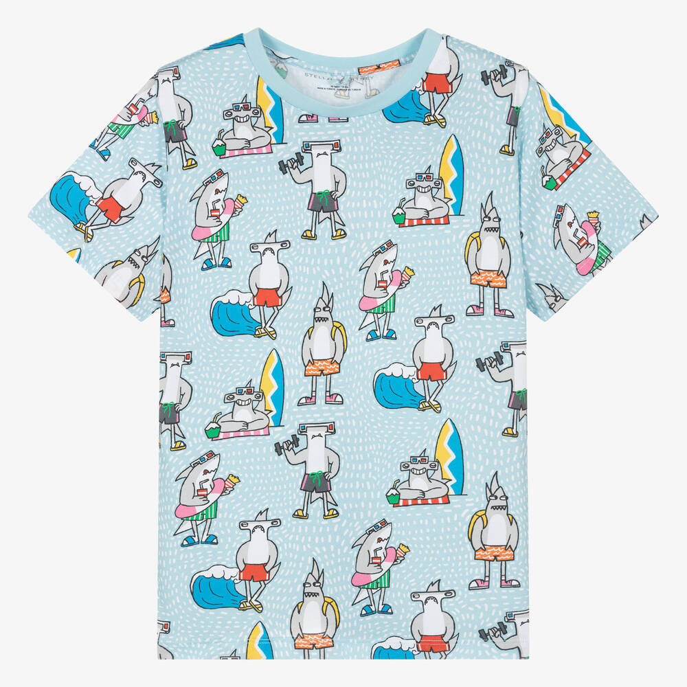 Stella McCartney Kids - Teen Boys Blue Shark Organic Cotton T-Shirt | Childrensalon