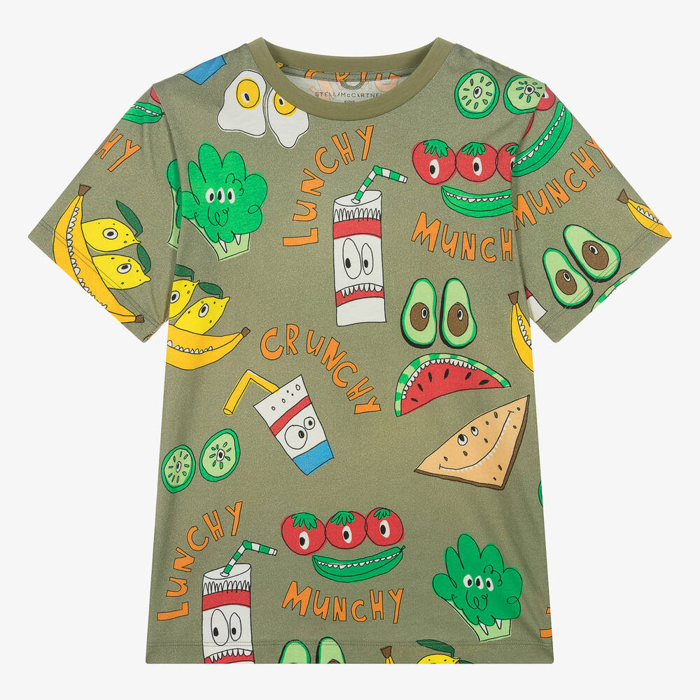 Stella McCartney Kids - Зеленая футболка из органического хлопка с фруктами для мальчиков-подростков | Childrensalon