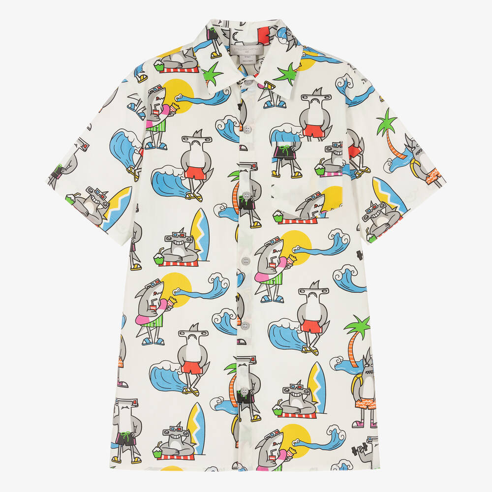 Stella McCartney Kids - Кремовая хлопковая рубашка с акулами для мальчиков-подростков | Childrensalon