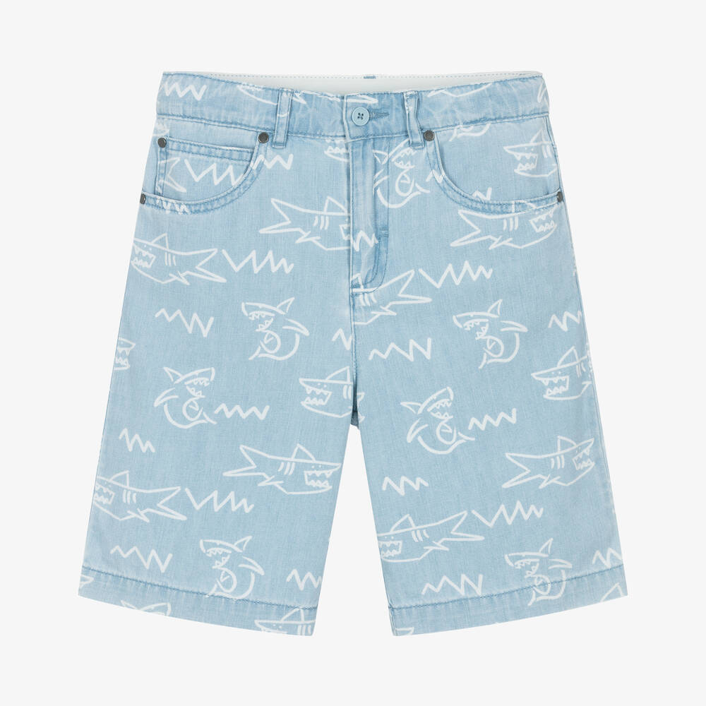 Shop Stella Mccartney Kids Teen Boys Light Blue Cotton Shark Shorts