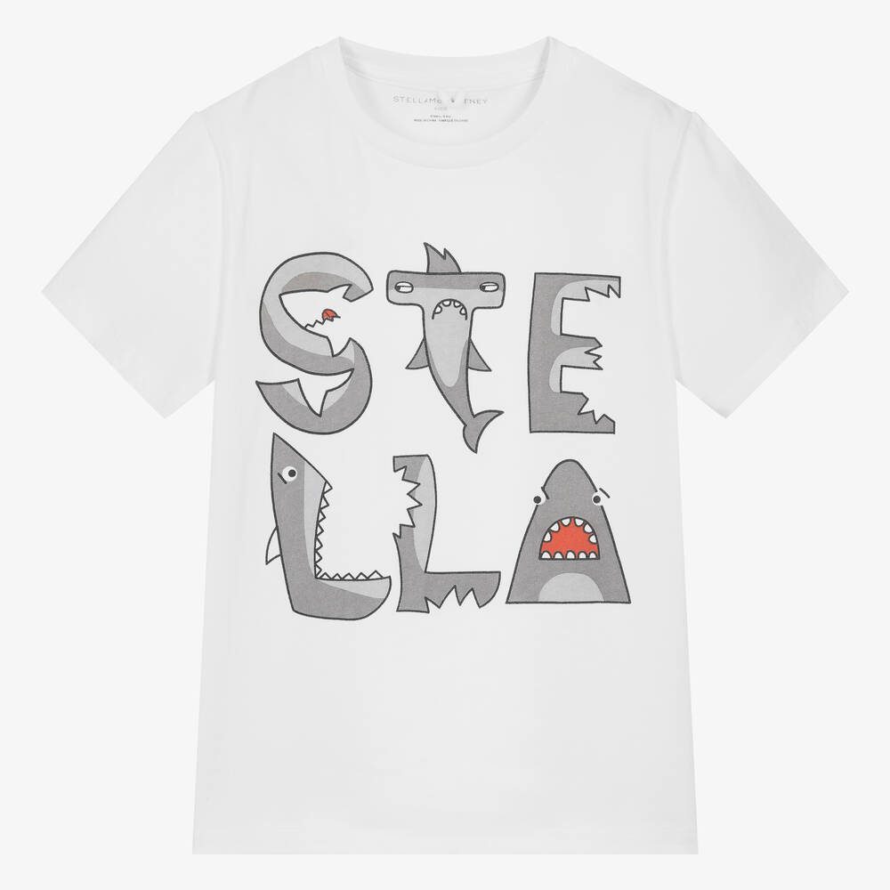 Stella McCartney Kids - Белая хлопковая футболка с акулами для мальчиков-подростков | Childrensalon