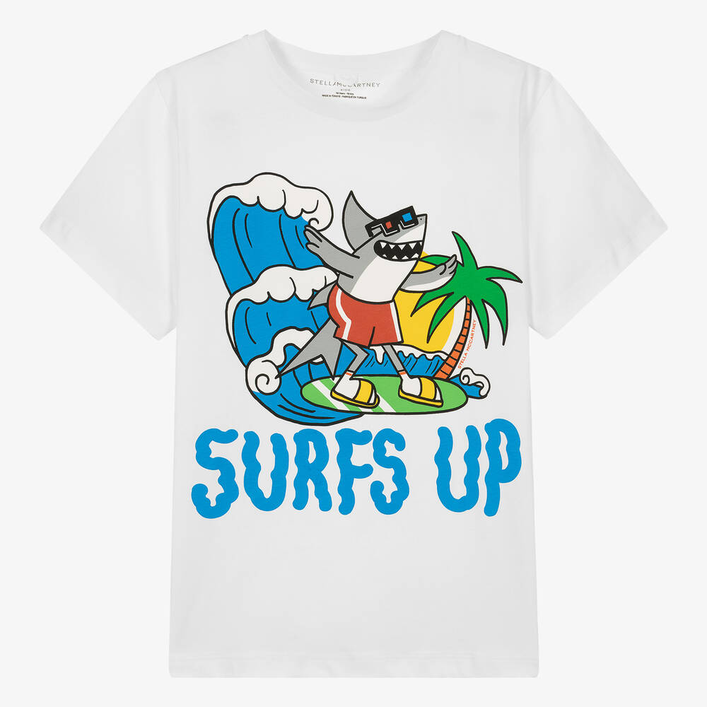 Stella McCartney Kids - Teen Boys White Organic Cotton Shark T-Shirt | Childrensalon