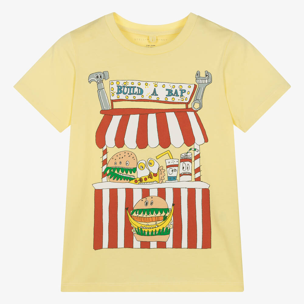 Stella McCartney Kids - Желтая хлопковая футболка с уличной едой | Childrensalon