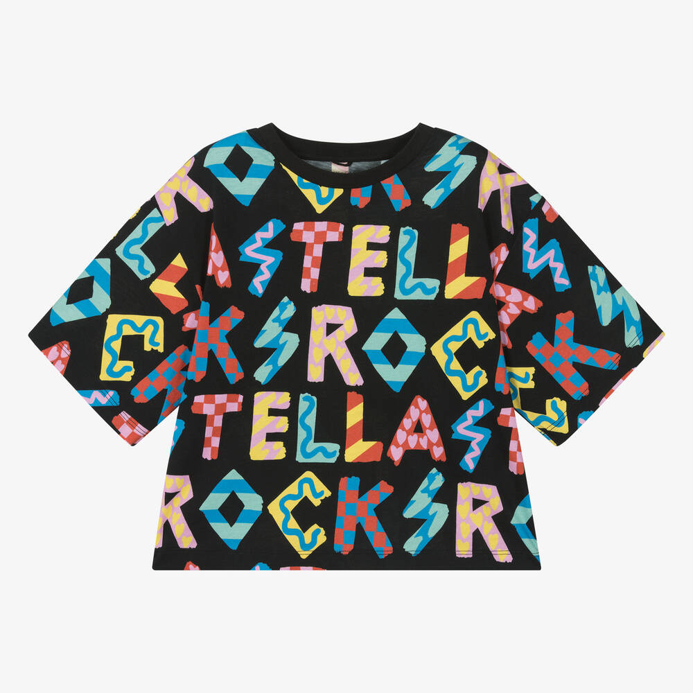 Stella McCartney Kids - Черная хлопковая футболка с надписями для девочек-подростков | Childrensalon
