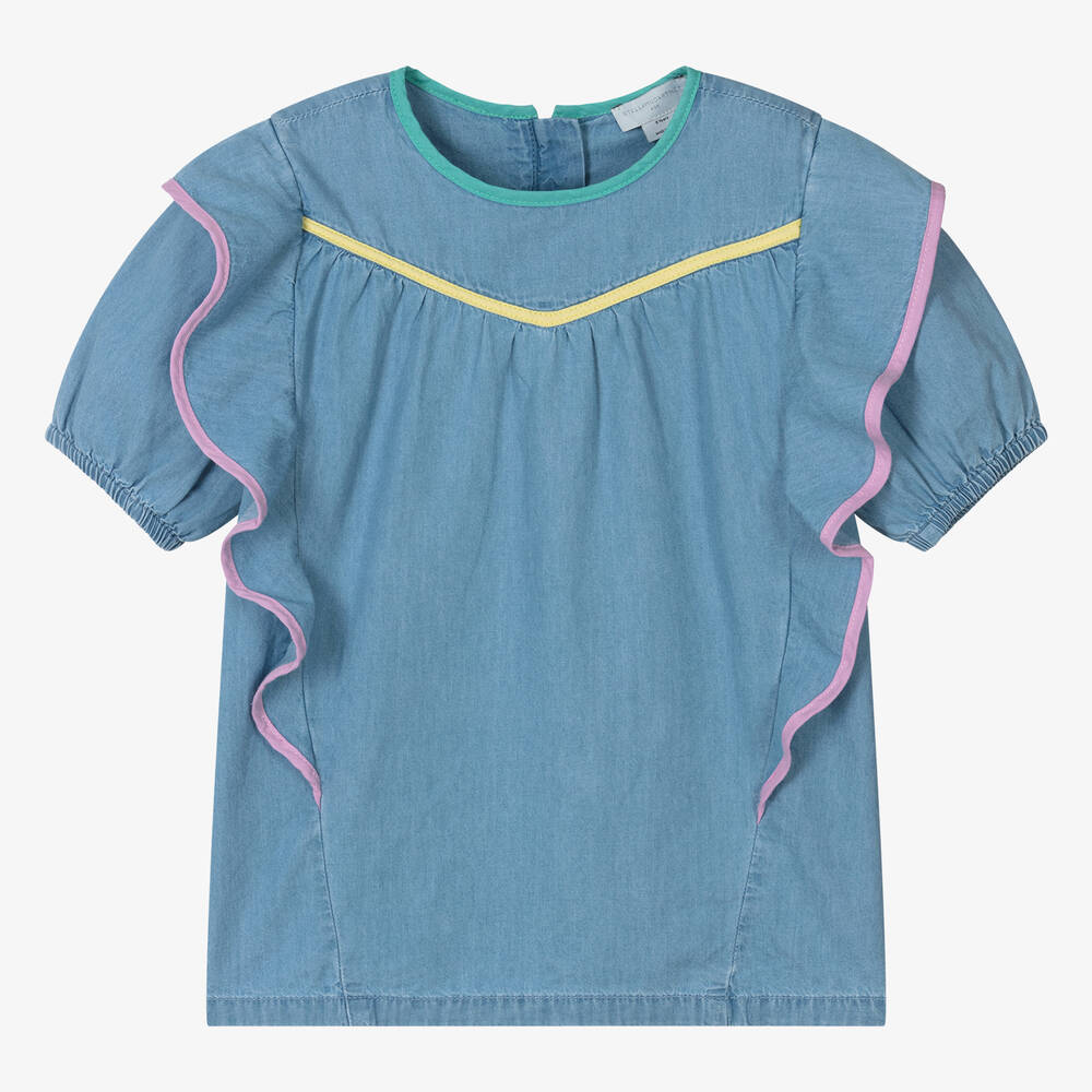 Stella McCartney Kids - Голубая блузка из хлопкового шамбре для девочек-подростков | Childrensalon